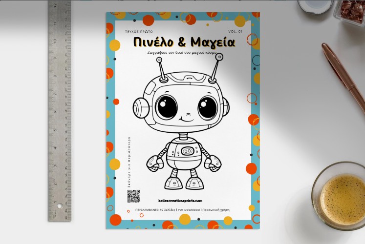 Χρωμοσελίδες για παιδιά με ρομπότ, γρανάζια και μηχανικά σχέδια από τη σειρά Πινέλο και Μαγεία