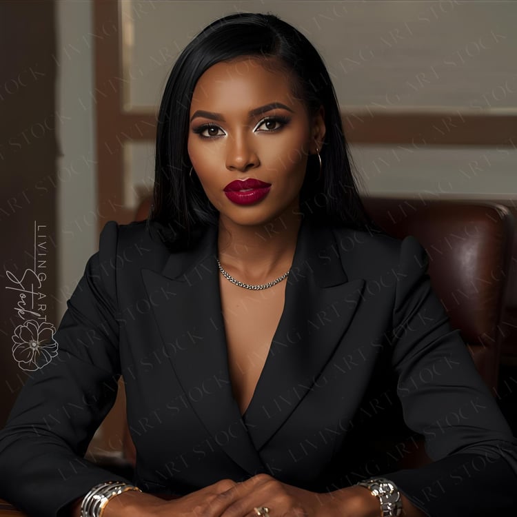 Beautiful black woman wearing a black suit sitting at a desk in a corporate  office