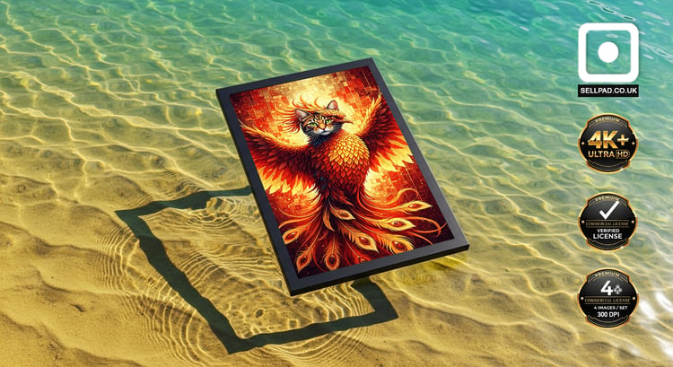 Mosaic Mythical Cat Phoenix Hybrid Abstract Digital Poster – Elegant Room Setting