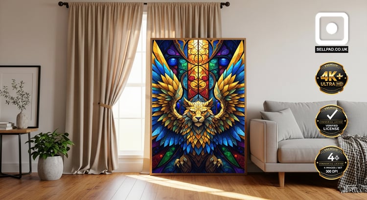 Royal Griffin Abstract Mosaic Art Poster – Neutral Tone Wall Mockup