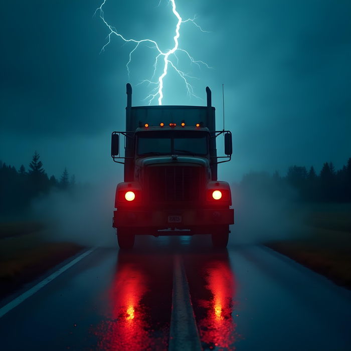 A mysterious truck in center of highway in stormy weather | Ai Generated