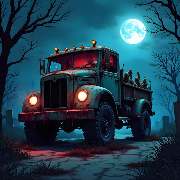 A digital art of a zombie truck parked in graveyard at midnight | Ai Generated