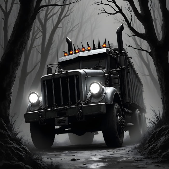 A grayscale digital art of a Horror truck driving through a haunted forest at midnight | Ai Generated