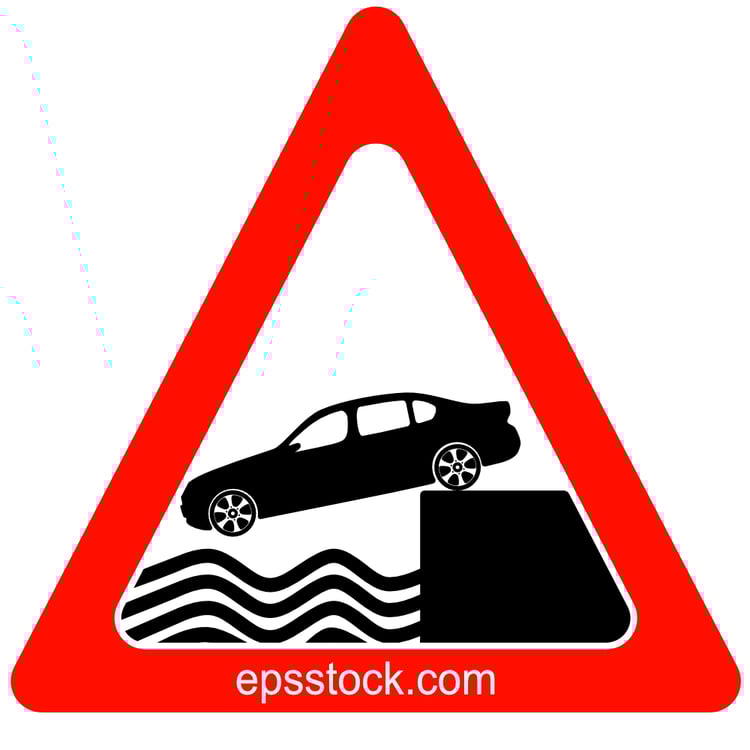 road sign car falling into water