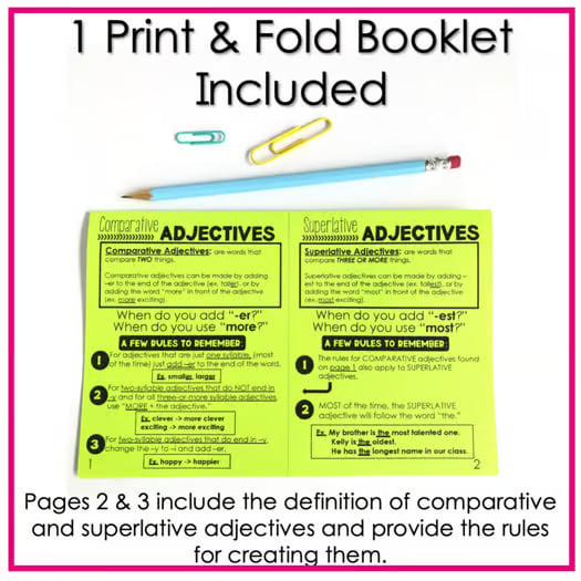 Comparative and Superlative Adjectives Worksheet Print & Fold Booklet