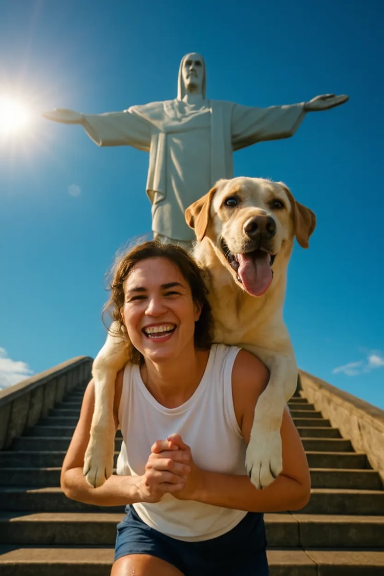 Owner carrying a big yellow Labrador on his shoulders like a backpack while climbing the steep steps to Rio de Janeiro’s Christ the Redeemer statue under a bright blue sky.