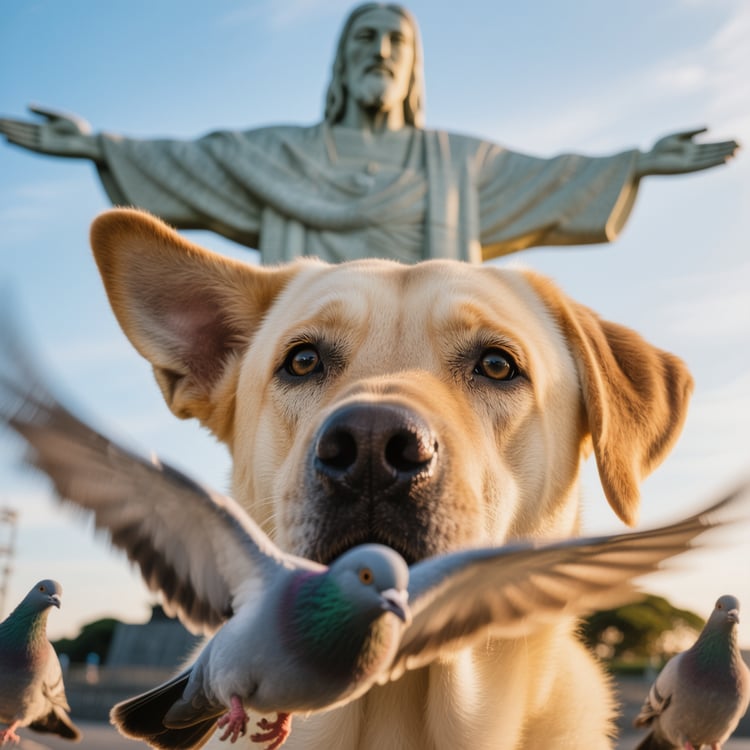 Close-up of a wide-eyed Yellow Labrador with two blurred pigeons flapping in the foreground and the iconic Christ statue towering in the background.