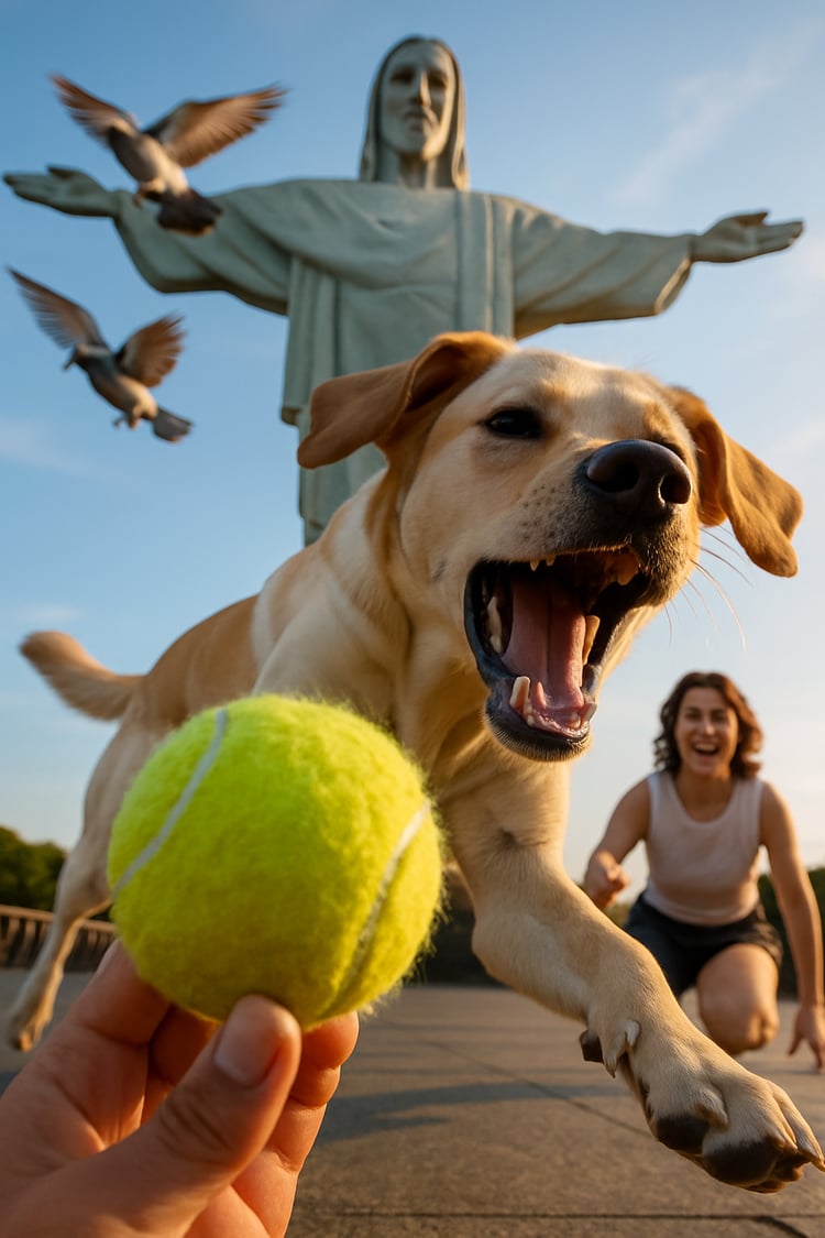 Kneeling owner holding a neon mini tennis ball in the foreground; Yellow Labrador lunges in profile toward the ball while pigeons scatter behind him on the Christ statue platform.