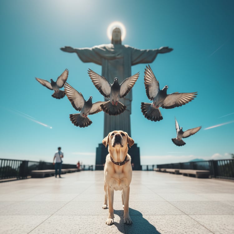 Slow-motion wide shot of a Yellow Labrador standing on white granite as multiple pigeons take off directly above his ears, with the Christ the Redeemer statue framed in the background.