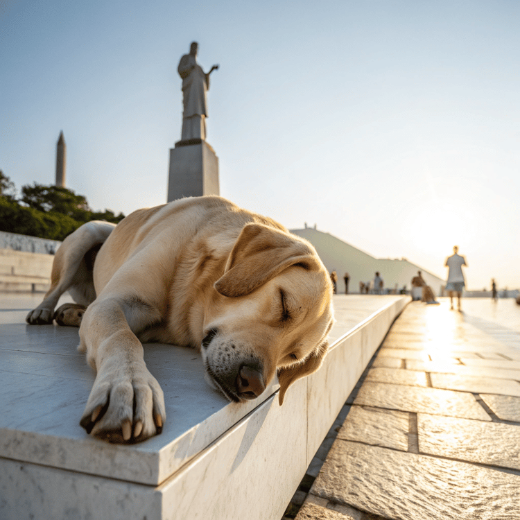 Soft-focus close-up of a Yellow Labrador lying down on sunlit stone, Christ the Redeemer gently blurred behind against an endless blue sky with a subtle lens flare.