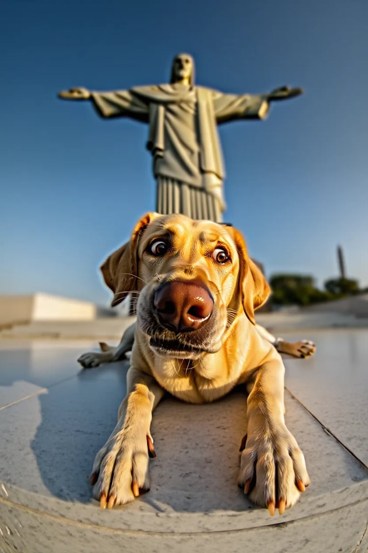Ground-level fisheye view of a Yellow Labrador mid-slide on slick white stone, legs splayed, wearing a goofy „oops“ face while the Christ statue looms in the background.