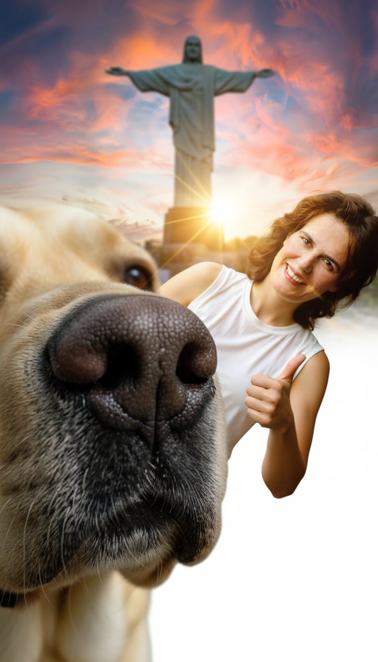 Quick pan from the dog’s nose up to the owner giving a thumbs-up with the Christ the Redeemer statue shining in the background, overlaid with bright call-to-action text.