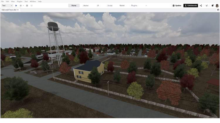 Aerial view of Oak Creek Town Roblox map with rustic buildings