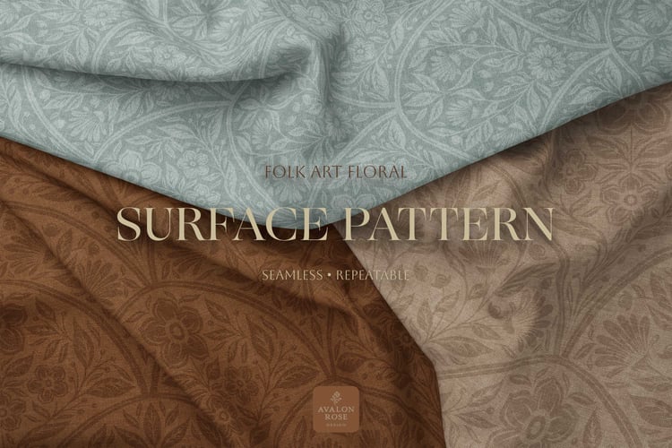 amless surface pattern design features vintage-inspired scalloped floral, historical color options
