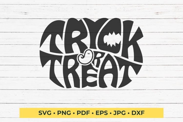 This design features the words Trick or Treat creatively made into the shape of a pumpkin, perfect for Halloween.