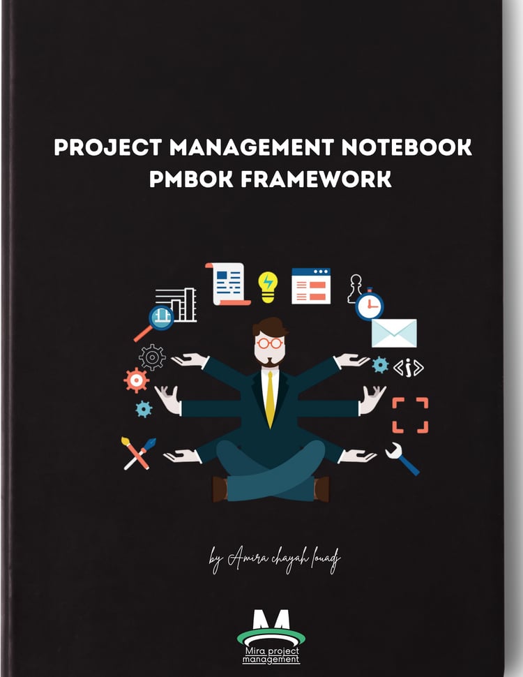 Project Management Notebook cover – professional minimalist design with PMBOK framework title.”