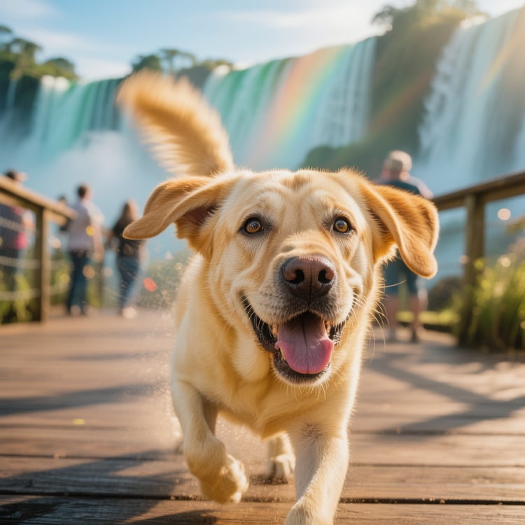 Yellow Labrador Max trots confidently along the wooden viewing deck, tongue out and tail wagging like a rotor.