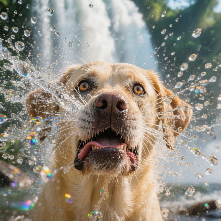 Close-up slow-motion of a rainbow-striped water gust smacking Max straight on the snout.