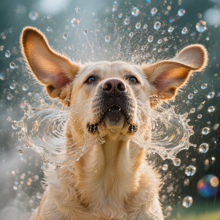 Max mid-head-shake, countless crystal droplets suspended around his head like glittering diamonds.