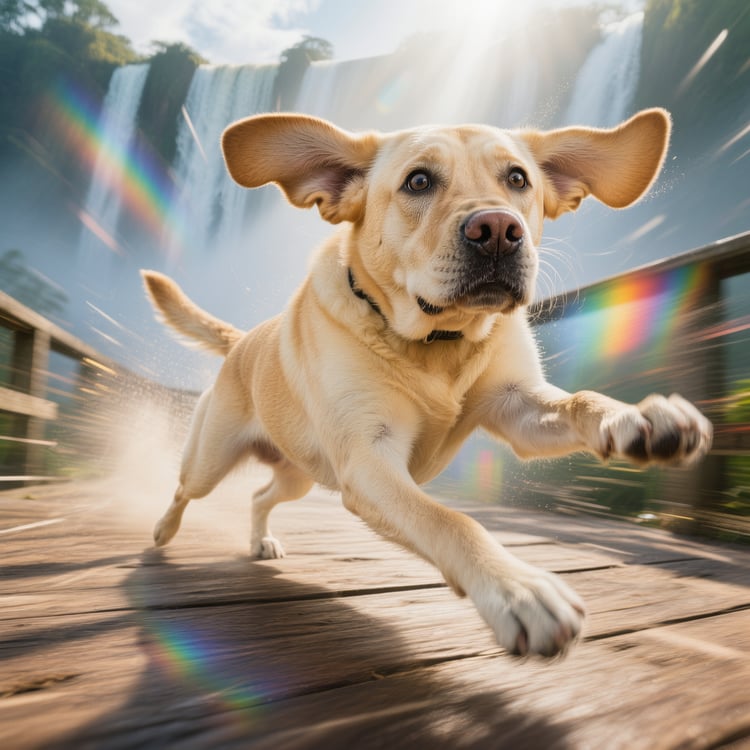 Max, the yellow labrador scrambling backwards on wet boards, ears flapped out like Dumbo, paws sliding in cartoon panic.