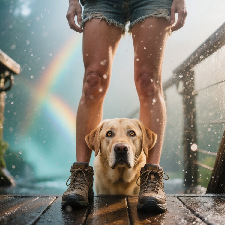 Soaked Max wedged between Sophia’s legs, peeking out with wide, wary eyes while mist drifts behind.