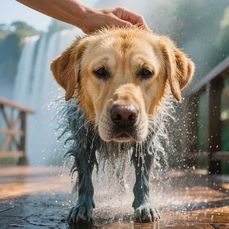 Hand pets Max’s dry face; camera tilts down to his drenched body and dripping fur.