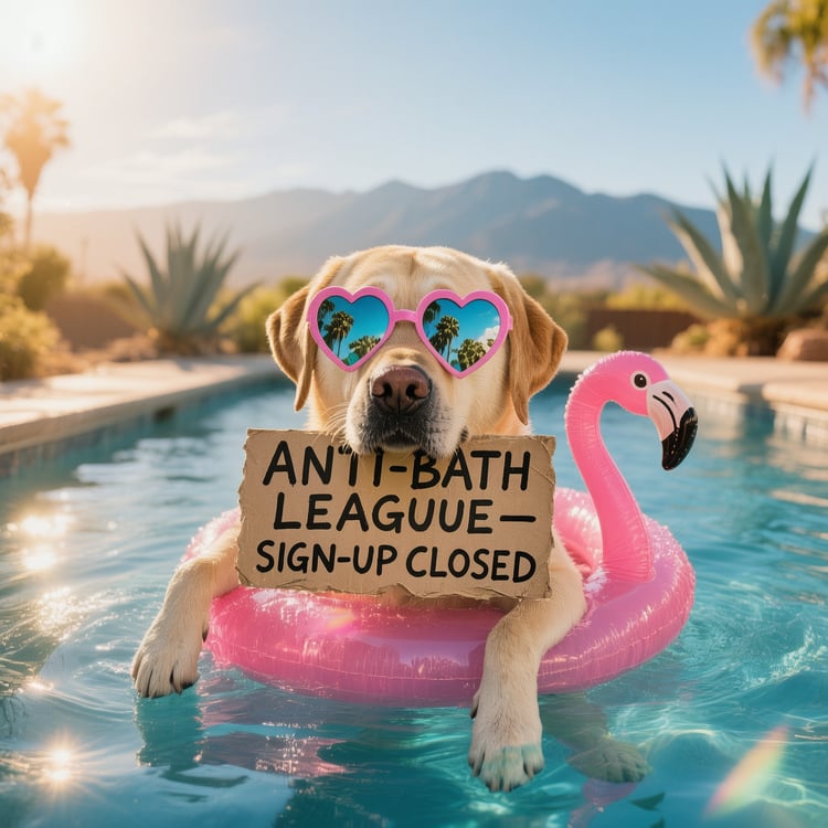 Max lounging in a tiny pink inflatable pool ring and heart-shaped sunglasses, holding a sign that reads ‘ANTI-BATH LEAGUE – SIGN-UP CLOSED’.
