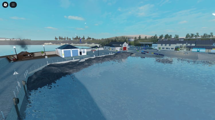 Realistic water and harbor coastline in Roblox scene