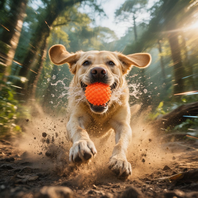 Slow-motion low-angle of yellow Lab charging toward camera, squeaky ball in mouth, each stride kicking up dust, ears flying.