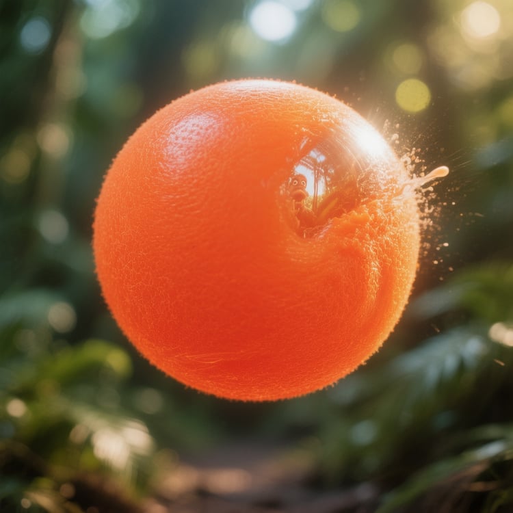 Extreme macro of neon-orange squeaky ball pressed against camera lens, tiny droplets and dust frozen mid-air, jungle blurred behind.