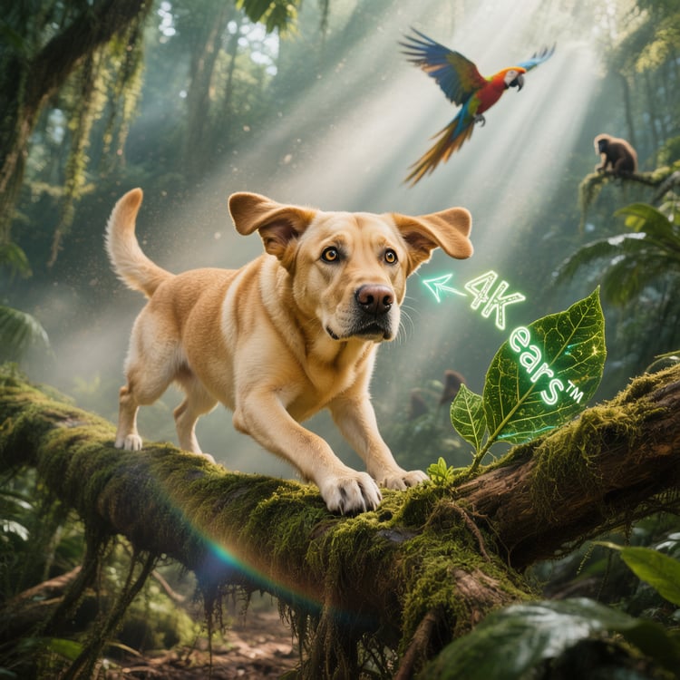 Yellow Labrador frozen on mossy root, ears flared like radar dishes, sunbeams slicing through misty rainforest canopy.