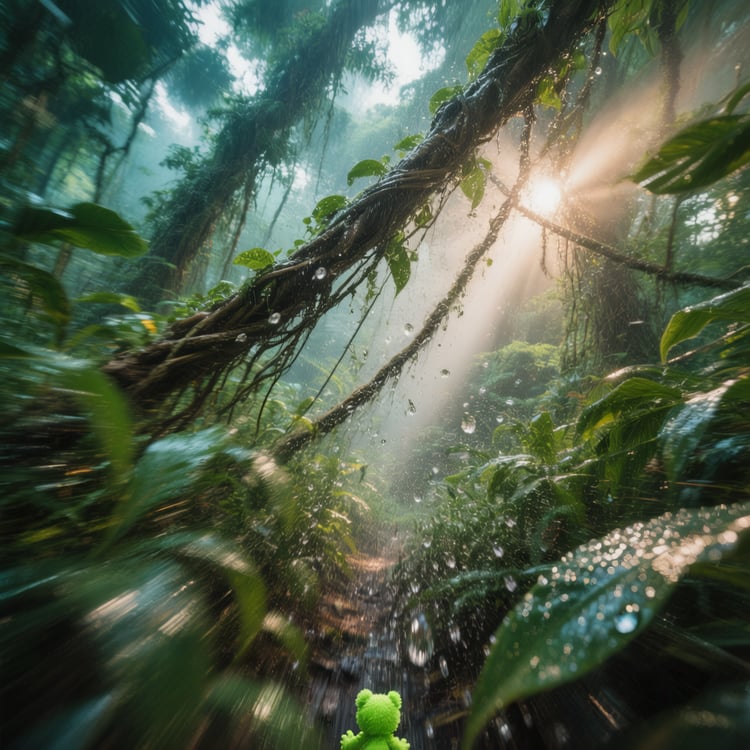 GoPro chest-shot of a dog owner sprinting through dense Amazon liana vines, bright green squeaky toy clenched in lower corner.