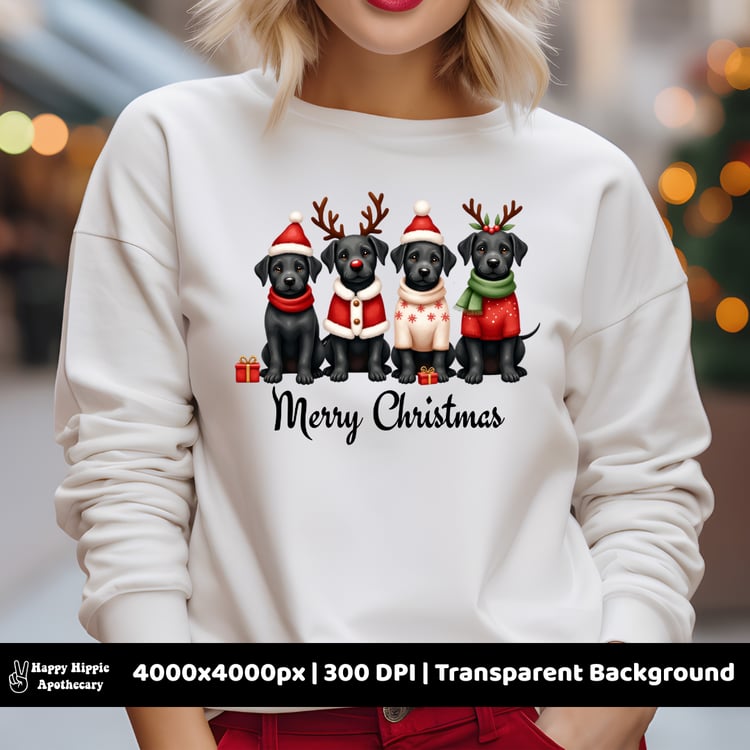 Christmas black lab dog PNG on white sweatshirt – festive pet sublimation design with Santa hats and sweaters, ideal for holiday apparel