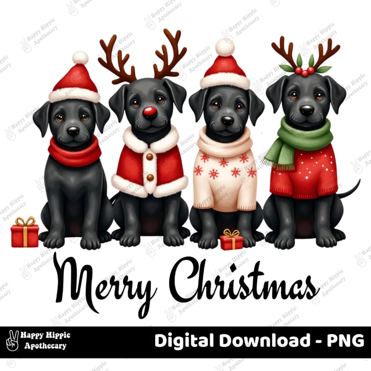 Cute black lab Christmas PNG with four festive puppies in Santa hats and sweaters – digital download clipart with transparent background