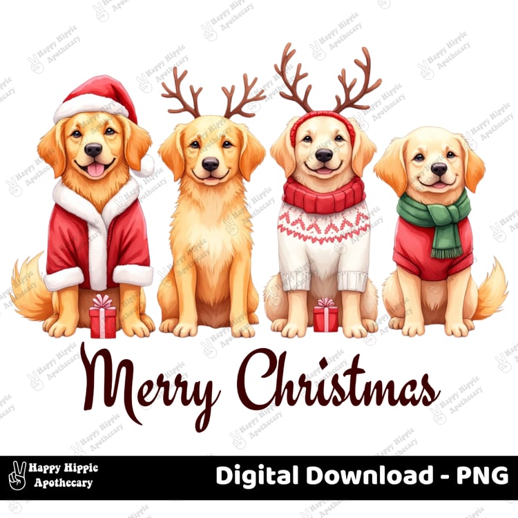 Cute golden retriever Christmas PNG with festive puppies in Santa outfits, sweaters, and antlers – digital download with transparent background
