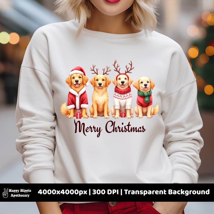 Golden retriever Christmas dog PNG on sweatshirt – festive sublimation design with Santa hats and sweaters for holiday apparel and gifts