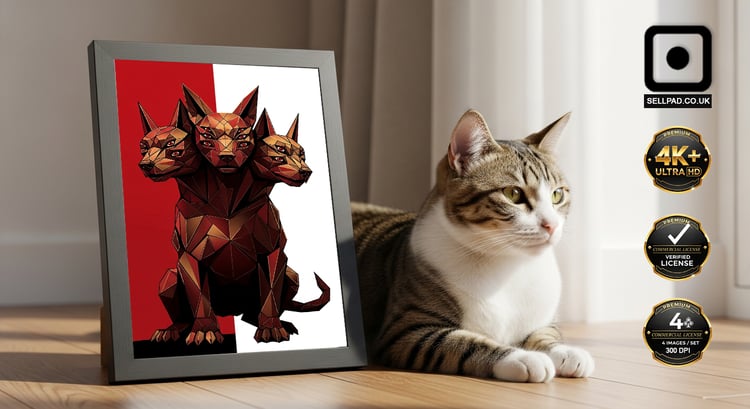 Abstract Mosaic Cerberus Three-Headed Dog Digital Poster – Neutral Tone Wall Mockup