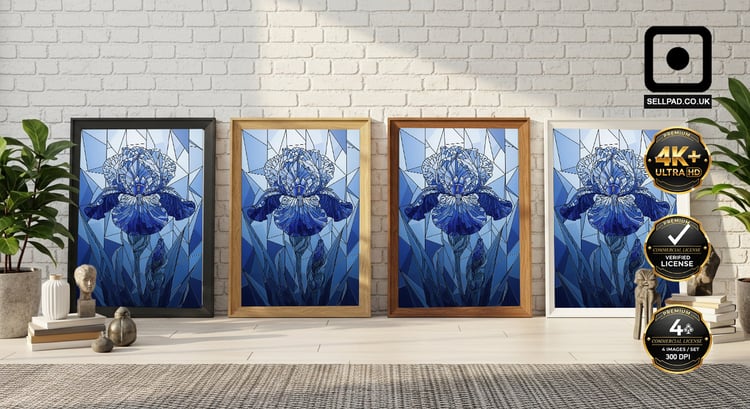 Iris Flower Abstract Mosaic Art in Cool Blue Shades – Framed Artwork Composition