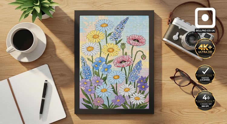 Wildflower Abstract Mosaic Poster in Pastel Colors – Modern Home Wall Scene