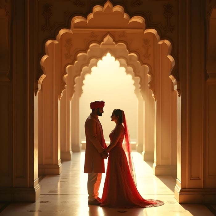 A royal Indian Hindu couple dressed in traditional attire standing inside an ancient palace corridor | Ai Generated