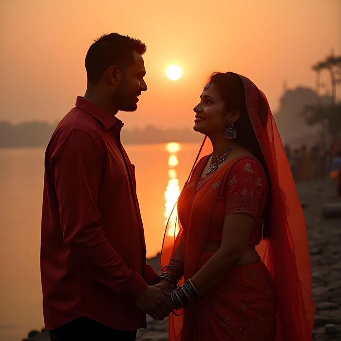 Indian Hindu couple holding hands during sunset by the riverside ghat | Ai Generated