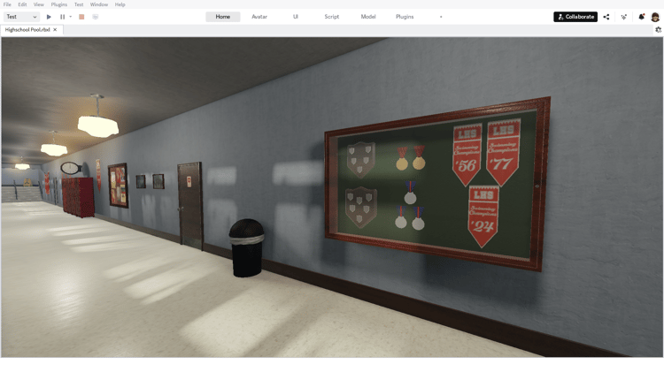 Large indoor swimming pool in Roblox school map.