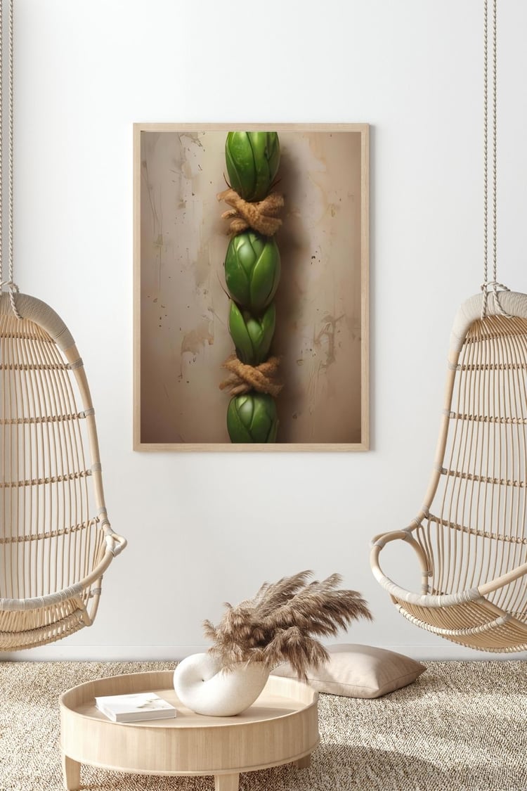 Abstract green botanical forms bound with natural twine against a soft beige textured background, symbolizing harmony and unity in nature-inspired minimalist art.