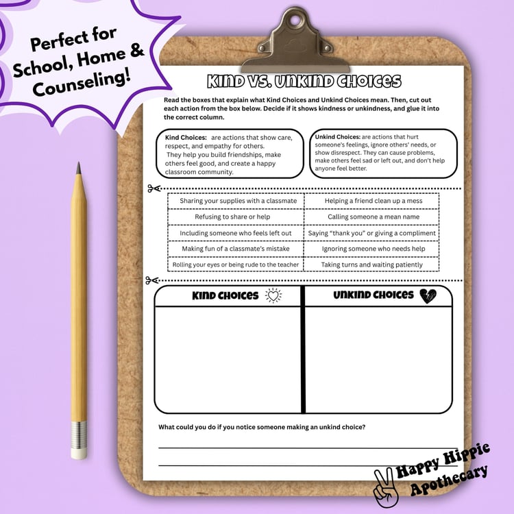 Kind vs Unkind Choices SEL cut and paste worksheet on a clipboard. Students sort kind and unkind actions, with examples like helping a friend and calling names. Printable social emotional learning activity for grades 3–5, perfect for classroom or counseli
