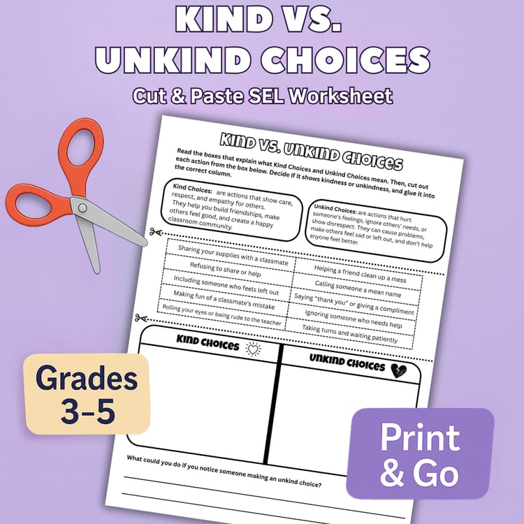 Kind vs Unkind Choices Cut and Paste SEL Worksheet cover image with scissors, pencil, and purple background. Printable kindness and empathy activity for grades 3–5. Print and go social emotional learning resource for teachers and counselors.
