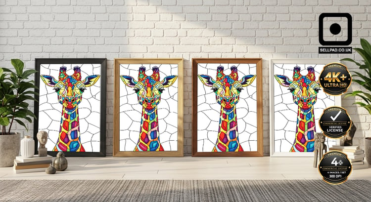 Mosaic Giraffe Pop Art Vibrant Digital Painting – Cozy Living Room Setup