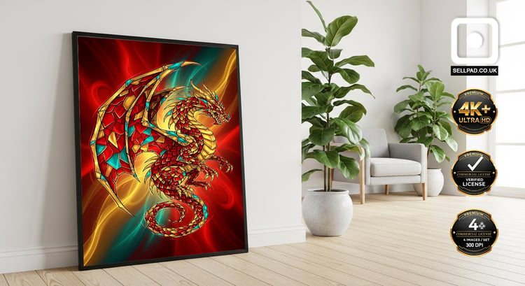 Mythical Dragon Mosaic Abstract Colorful 9x16 Digital Poster – Elegant Art Composition
