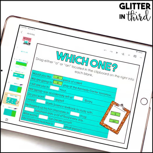 A, An, The Articles Grammar | Google Slides + Auto-Graded Assessment
