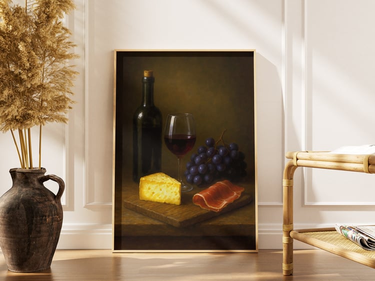 Download a fine art still life print featuring wine, fruits, and gourmet food. Perfect digital wall art for modern or vintage interiors — by NixoDigital.