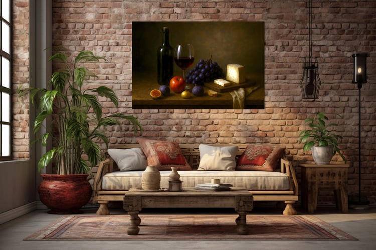 Rustic Still Life with Wine and Fruits – Digital Wall Art Print, Classic Chiaroscuro Style, High-Resolution Download